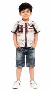 Boys Casual Printed Shirt & Denim Shorts Clothing Set