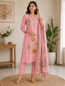 Women's Floral Embroidered Kurta Pant with Printed Dupatta Set NARS0742
