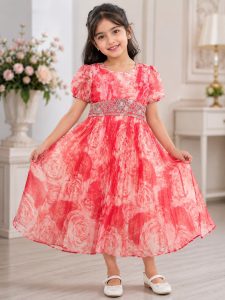 Floral Printed Dress with Embellished Waist Belt NARP783