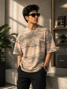 Men's Beige Printed Oversized T-Shirt NARH0049