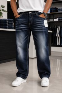Men's Dark Blue Washed Wide Leg Jeans NARS0592