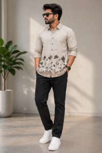 Men's Beige Floral Print Full Sleeve Shirt NARS0563