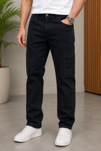Solid Black Regular Fit Cargo Jeans NARS0572