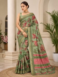 Elegant Sage Green Floral Print Saree with Border NARP711