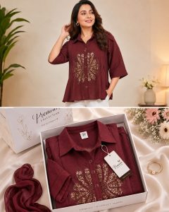 Women's Maroon Embroidered Casual Shirt NARP816