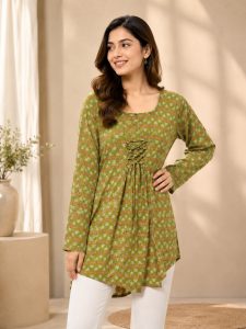 Women's Green Floral Printed Tunic Top NARP826