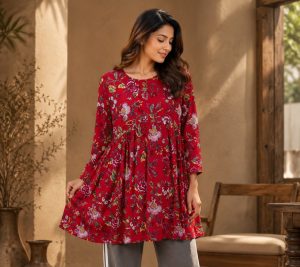 Women's Red Floral Printed Tunic Top NARP830