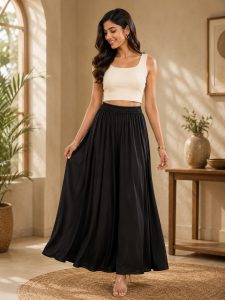 Women's Solid Flared Maxi Skirt with Elastic Waist NARP834