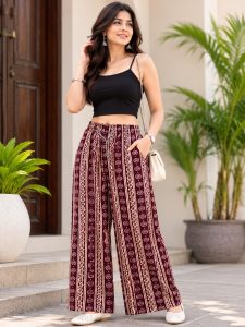 Women's Maroon Printed Wide Leg Palazzo Pants NARP836