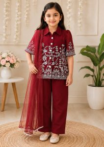 Girls Embroidered Kurta Palazzo Set with Net Dupatta NARK413