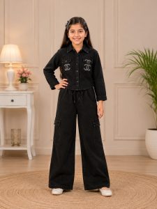 Girls Black Denim Co-ord Set NARK458