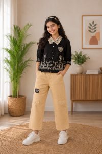 Girls Embroidered Black Shirt with Beige Wide Leg Cargo Pants NARK460