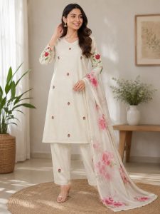 Women Embroidered Kurta Pant with Floral Printed Dupatta Set NARS0705