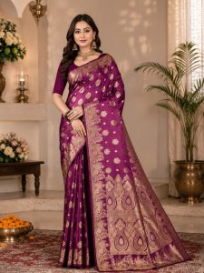 Banarasi Silk Blend Saree with Golden Zari Border NARS0719