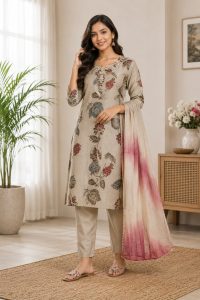 Floral Print Kurta Trouser Dupatta Set NARS0746