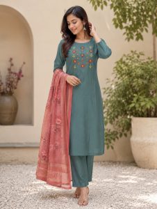 Women Embroidered Kurta Pant with Dupatta Set NARS0703