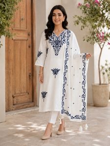 Embroidered Cotton Blend Kurta Pant Dupatta Set NARS0704