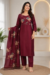 Women's Maroon Floral Printed Kurta Pant & Dupatta SetNARS0745