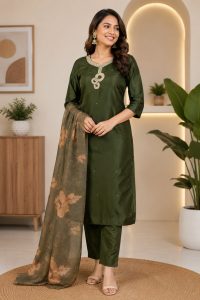 Satin Silk Kurta Pant with Floral Printed Dupatta Set NARS0743