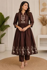 Women's Brown Embroidered Anarkali Dress NARS0741